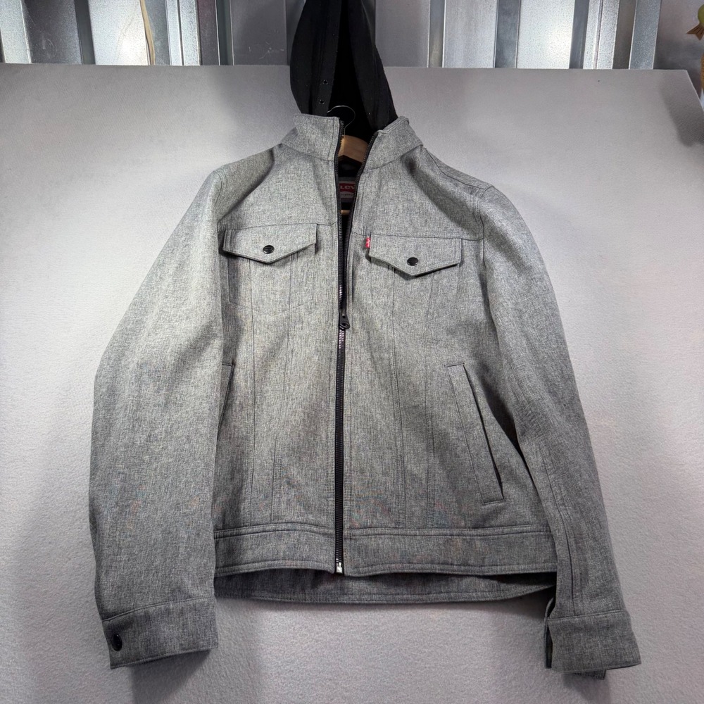 Levis Mens Heather Grey Softshell Hooded Trucker Jacket Small Full Zip Jacket